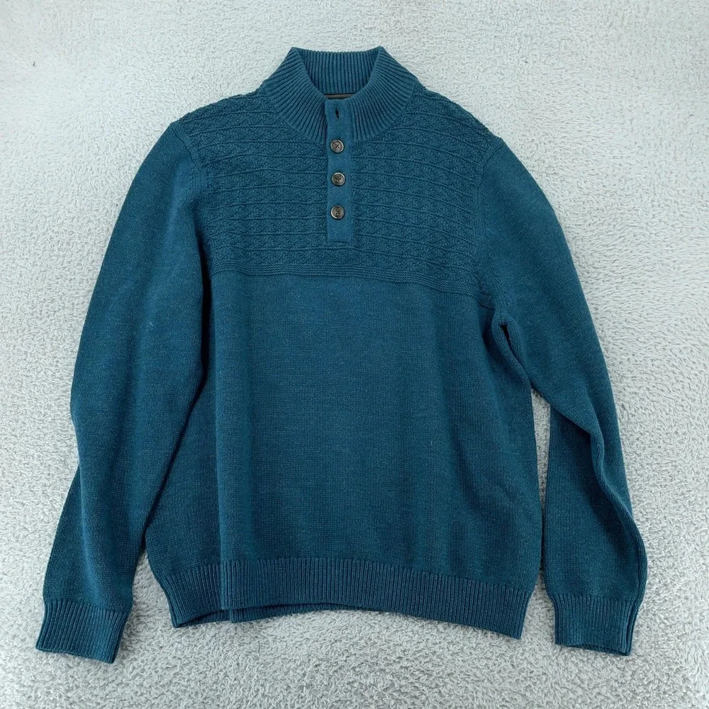 Tommy Bahama Sweater Mens Large Teal Blue‎ Mock Neck Henley Button Textured Knit